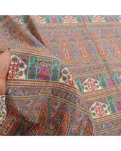Sanskriti Vintage Ivory Indian Sarees Art Silk Printed Sari Soft Craft Fabric, PR-58148-Ivory-Printed Floral Design-Art Silk-5