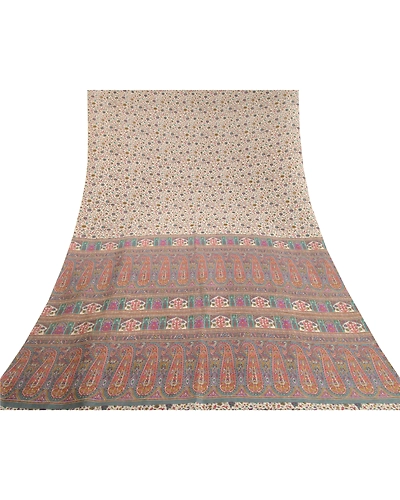 Sanskriti Vintage Ivory Indian Sarees Art Silk Printed Sari Soft Craft Fabric, PR-58148-Ivory-Printed Floral Design-Art Silk-7