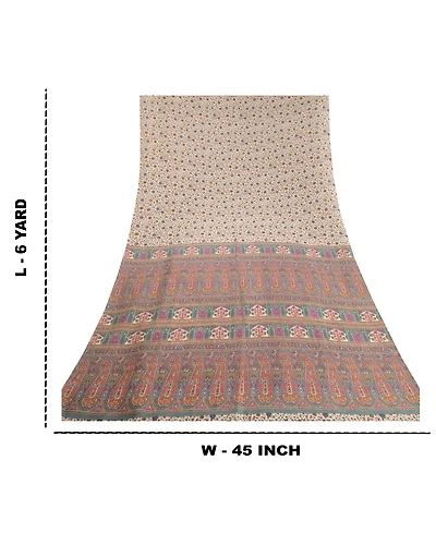 Sanskriti Vintage Ivory Indian Sarees Art Silk Printed Sari Soft Craft Fabric, PR-58148-Ivory-Printed Floral Design-Art Silk-8