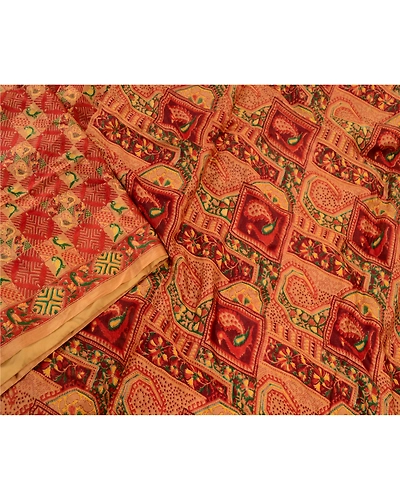 Sanskriti Vintage Red Peacock Printed Sarees Pure Silk Sari Soft Sewing Fabric, PR-58175-Red-Printed Floral Design-Pure Silk-2