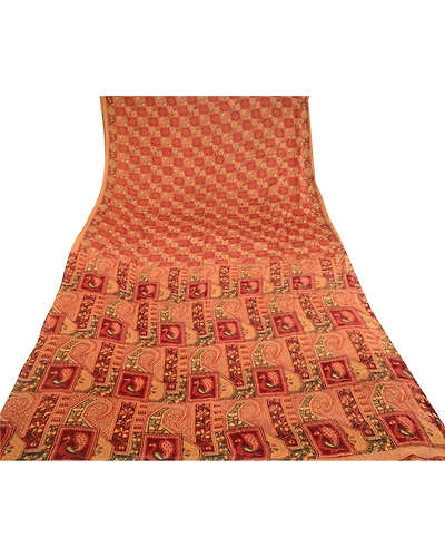 Sanskriti Vintage Red Peacock Printed Sarees Pure Silk Sari Soft Sewing Fabric, PR-58175-Red-Printed Floral Design-Pure Silk-7