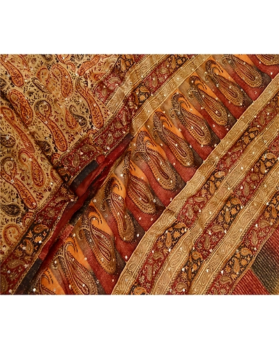 Sanskriti Vintage Orange Hand Beaded Printed Sarees Pure Silk Sari Craft Fabric, PR-58180-Orange-Printed Floral Design-Pure Silk-1