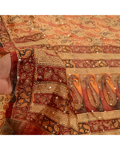 Sanskriti Vintage Orange Hand Beaded Printed Sarees Pure Silk Sari Craft Fabric, PR-58180-Orange-Printed Floral Design-Pure Silk-5