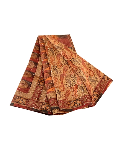 Sanskriti Vintage Orange Hand Beaded Printed Sarees Pure Silk Sari Craft Fabric, PR-58180-Orange-Printed Floral Design-Pure Silk-6