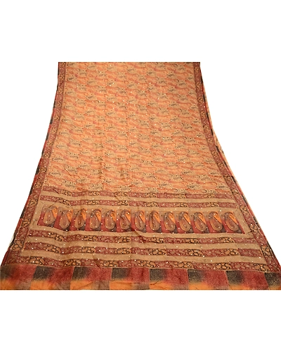 Sanskriti Vintage Orange Hand Beaded Printed Sarees Pure Silk Sari Craft Fabric, PR-58180-Orange-Printed Floral Design-Pure Silk-7