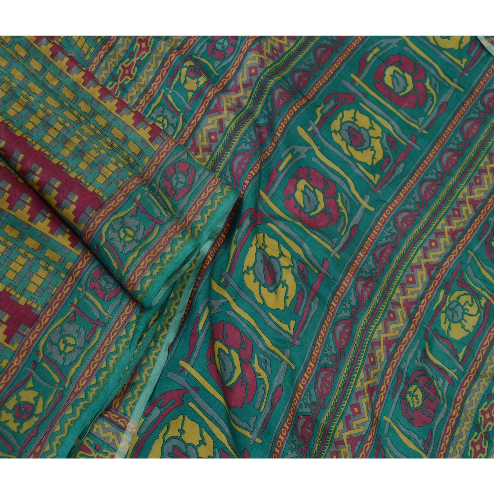 Sanskriti Vintage Green Indian Printed Sarees Pure Silk Sari 5Yd Craft Fabric, PR-58185-Green-Printed Floral Design-Pure Silk-1