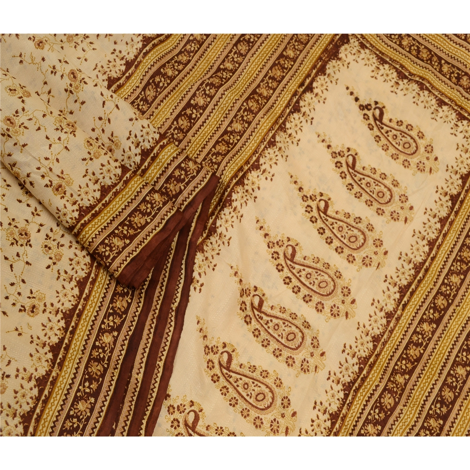 Sanskriti Vintage Ivory Indian Printed Sarees Pure Silk Sari 5Yd Craft Fabric, PR-58186-Ivory-Printed Floral Design-Pure Silk-1