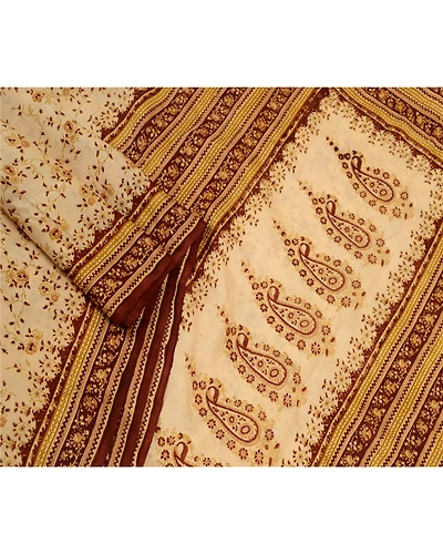 Sanskriti Vintage Ivory Indian Printed Sarees Pure Silk Sari 5Yd Craft Fabric, PR-58186-Ivory-Printed Floral Design-Pure Silk-1