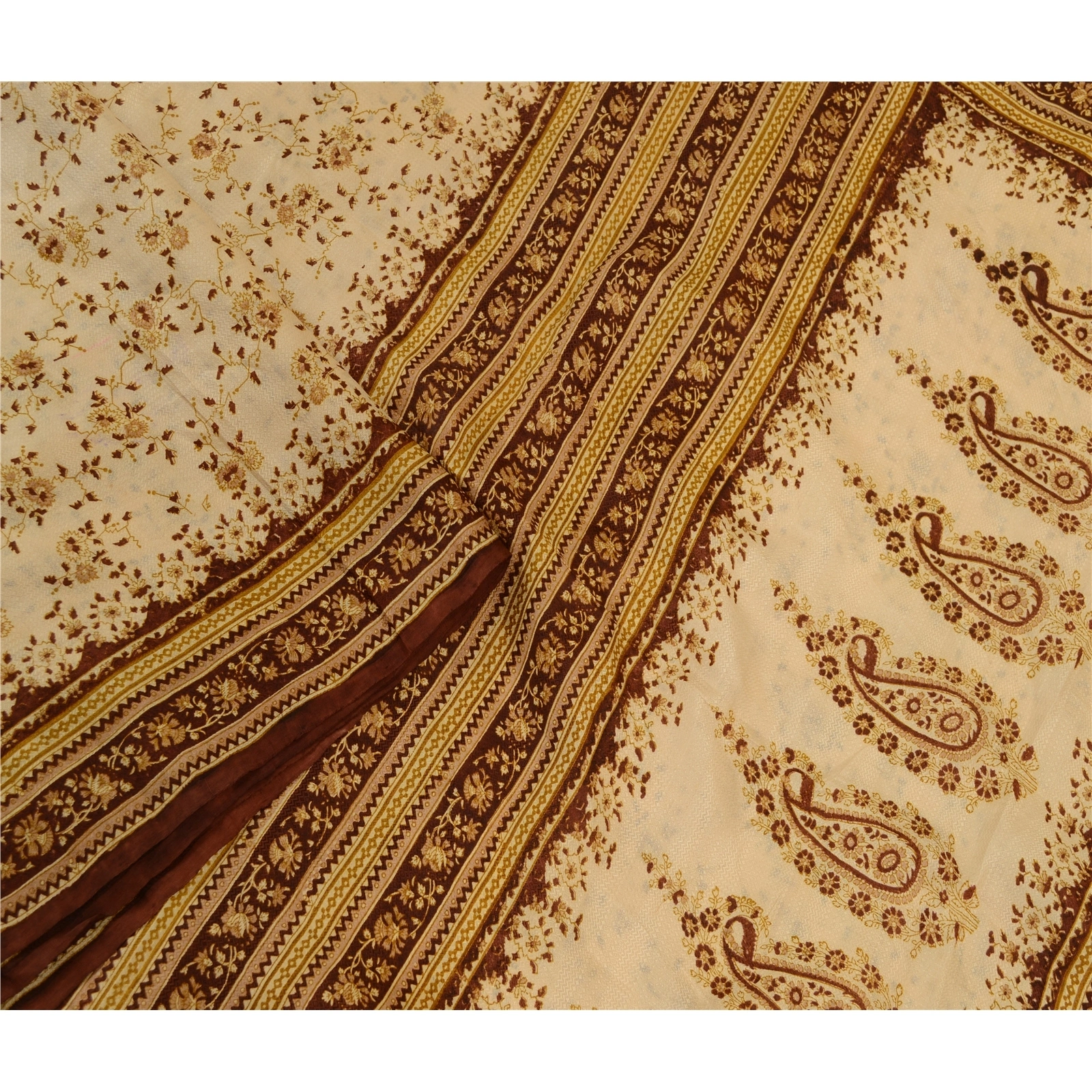 Sanskriti Vintage Ivory Indian Printed Sarees Pure Silk Sari 5Yd Craft Fabric, PR-58186-Ivory-Printed Floral Design-Pure Silk-2