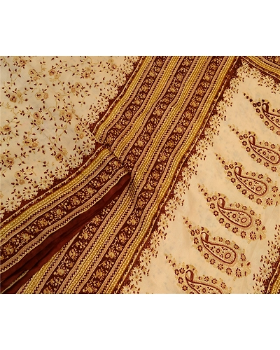 Sanskriti Vintage Ivory Indian Printed Sarees Pure Silk Sari 5Yd Craft Fabric, PR-58186-Ivory-Printed Floral Design-Pure Silk-2