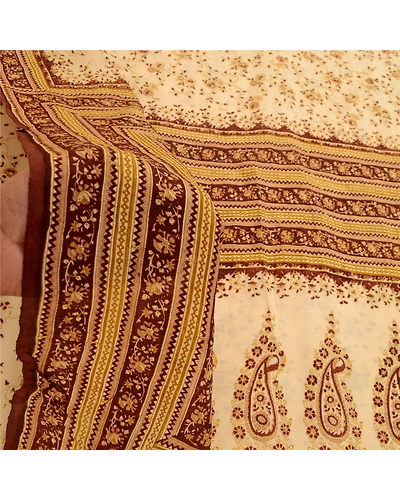 Sanskriti Vintage Ivory Indian Printed Sarees Pure Silk Sari 5Yd Craft Fabric, PR-58186-Ivory-Printed Floral Design-Pure Silk-5