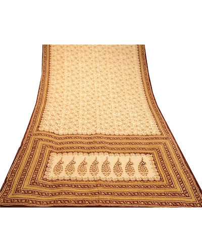 Sanskriti Vintage Ivory Indian Printed Sarees Pure Silk Sari 5Yd Craft Fabric, PR-58186-Ivory-Printed Floral Design-Pure Silk-7