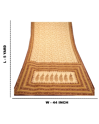 Sanskriti Vintage Ivory Indian Printed Sarees Pure Silk Sari 5Yd Craft Fabric, PR-58186-Ivory-Printed Floral Design-Pure Silk-8