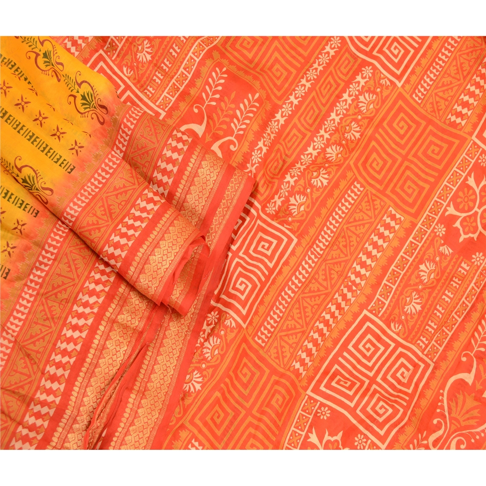 Sanskriti Vintage Canary Yellow Sarees Pure Silk Printed Sari 5Yd Craft Fabric, PR-58203-Canary Yellow-Printed Floral Design-Pure Silk-1