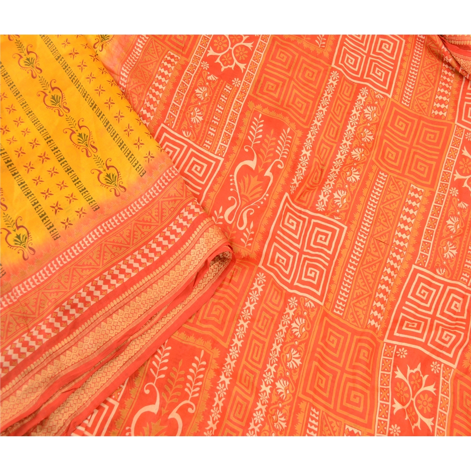 Sanskriti Vintage Canary Yellow Sarees Pure Silk Printed Sari 5Yd Craft Fabric, PR-58203-Canary Yellow-Printed Floral Design-Pure Silk-2