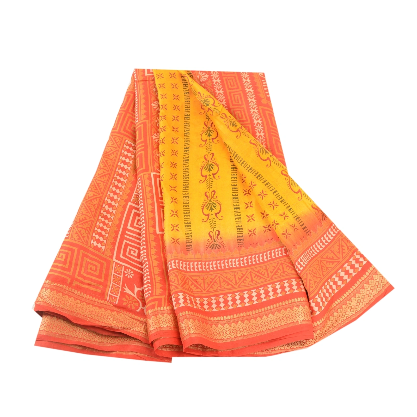 Sanskriti Vintage Canary Yellow Sarees Pure Silk Printed Sari 5Yd Craft Fabric, PR-58203-Canary Yellow-Printed Floral Design-Pure Silk-6