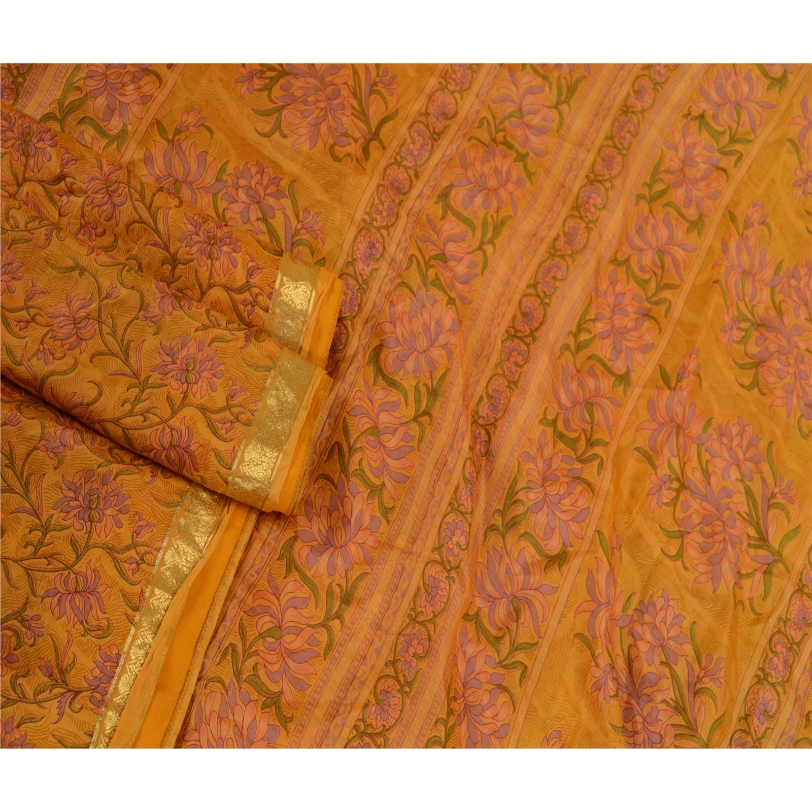 Sanskriti Vintage Saffron Sarees Pure Silk Printed Zari Border Sari Craft Fabric, PR-58276-Saffron-Printed Floral Design-Pure Silk-2