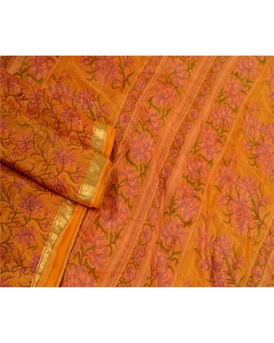 Sanskriti Vintage Saffron Sarees Pure Silk Printed Zari Border Sari Craft Fabric, PR-58276-Saffron-Printed Floral Design-Pure Silk-2