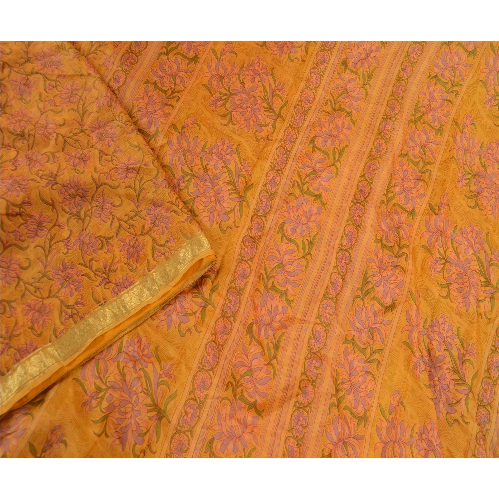 Sanskriti Vintage Saffron Sarees Pure Silk Printed Zari Border Sari Craft Fabric, PR-58276-Saffron-Printed Floral Design-Pure Silk-3