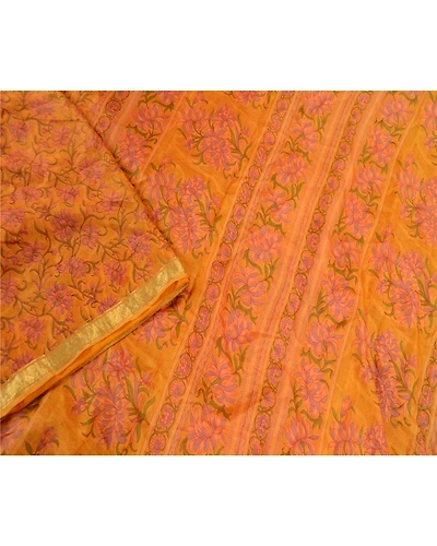 Sanskriti Vintage Saffron Sarees Pure Silk Printed Zari Border Sari Craft Fabric, PR-58276-Saffron-Printed Floral Design-Pure Silk-3