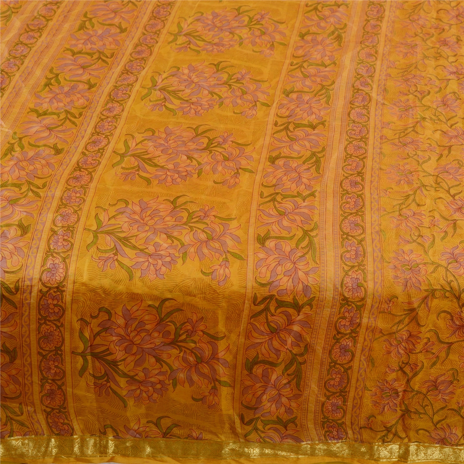 Sanskriti Vintage Saffron Sarees Pure Silk Printed Zari Border Sari Craft Fabric, PR-58276-Saffron-Printed Floral Design-Pure Silk-4