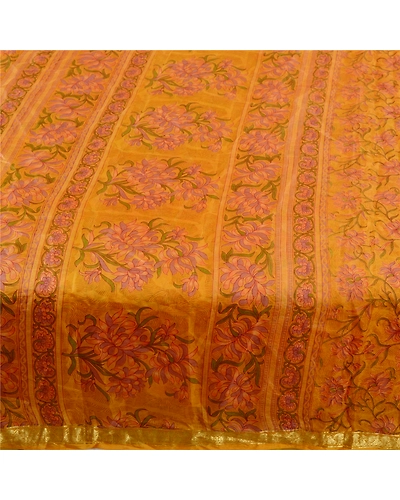 Sanskriti Vintage Saffron Sarees Pure Silk Printed Zari Border Sari Craft Fabric, PR-58276-Saffron-Printed Floral Design-Pure Silk-4