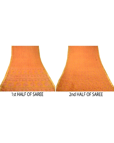 Sanskriti Vintage Saffron Sarees Pure Silk Printed Zari Border Sari Craft Fabric, PR-58276-Saffron-Printed Floral Design-Pure Silk-5