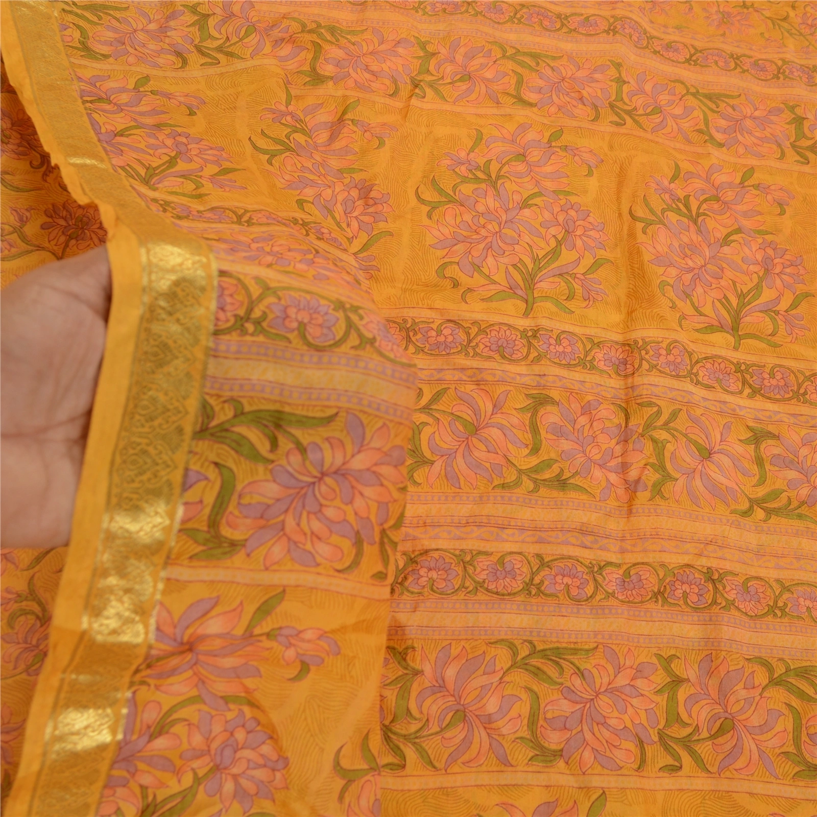 Sanskriti Vintage Saffron Sarees Pure Silk Printed Zari Border Sari Craft Fabric, PR-58276-Saffron-Printed Floral Design-Pure Silk-6