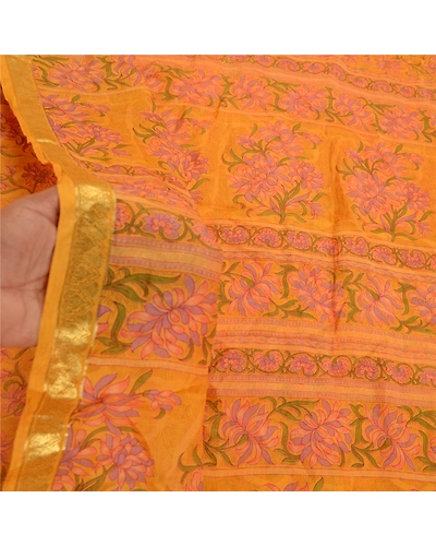 Sanskriti Vintage Saffron Sarees Pure Silk Printed Zari Border Sari Craft Fabric, PR-58276-Saffron-Printed Floral Design-Pure Silk-6