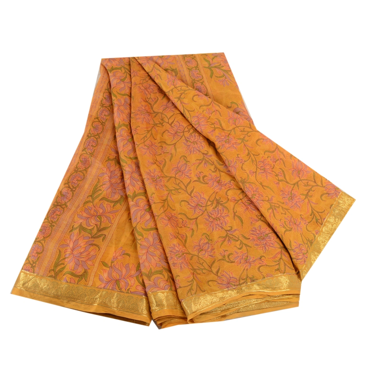 Sanskriti Vintage Saffron Sarees Pure Silk Printed Zari Border Sari Craft Fabric, PR-58276-Saffron-Printed Floral Design-Pure Silk-7