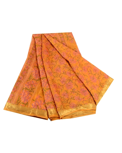 Sanskriti Vintage Saffron Sarees Pure Silk Printed Zari Border Sari Craft Fabric, PR-58276-Saffron-Printed Floral Design-Pure Silk-7