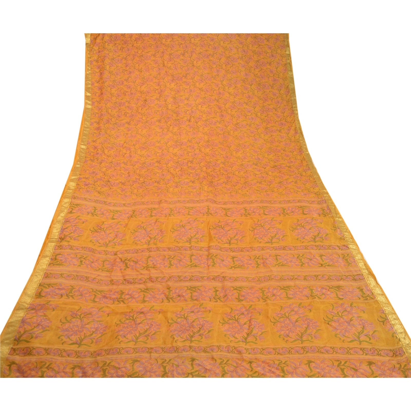 Sanskriti Vintage Saffron Sarees Pure Silk Printed Zari Border Sari Craft Fabric, PR-58276-Saffron-Printed Floral Design-Pure Silk-8