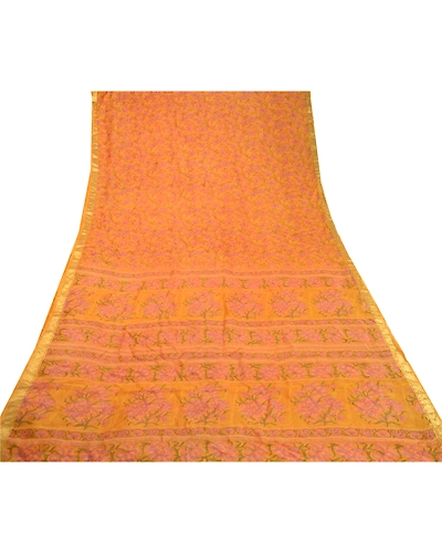 Sanskriti Vintage Saffron Sarees Pure Silk Printed Zari Border Sari Craft Fabric, PR-58276-Saffron-Printed Floral Design-Pure Silk-8