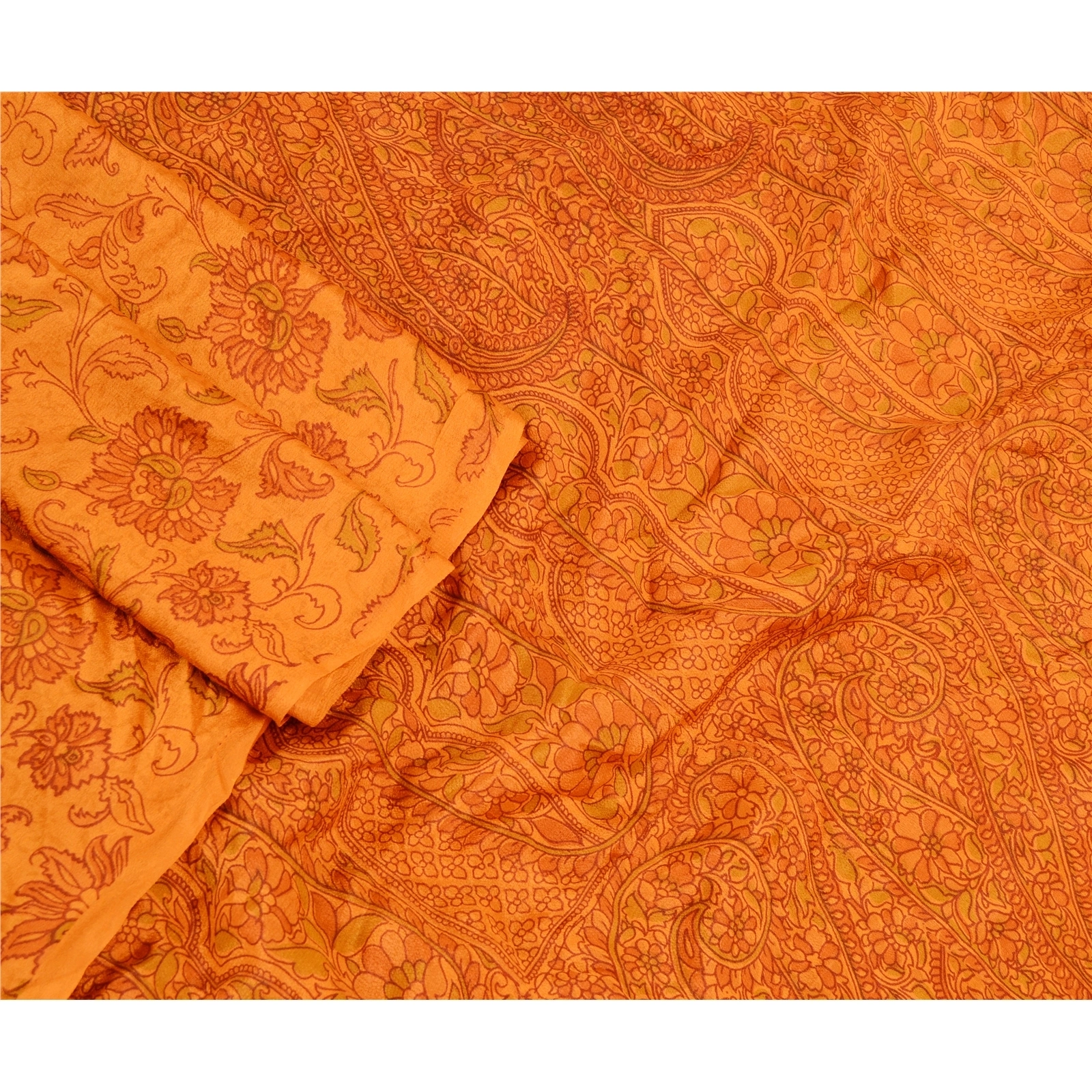 Sanskriti Vintage Indian Saffron Sarees Pure Silk Printed Sari 5Yd Craft Fabric, PR-58279-Saffron-Printed Floral Design-Pure Silk-2