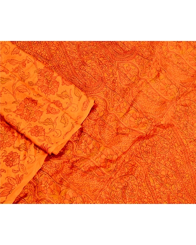 Sanskriti Vintage Indian Saffron Sarees Pure Silk Printed Sari 5Yd Craft Fabric, PR-58279-Saffron-Printed Floral Design-Pure Silk-2