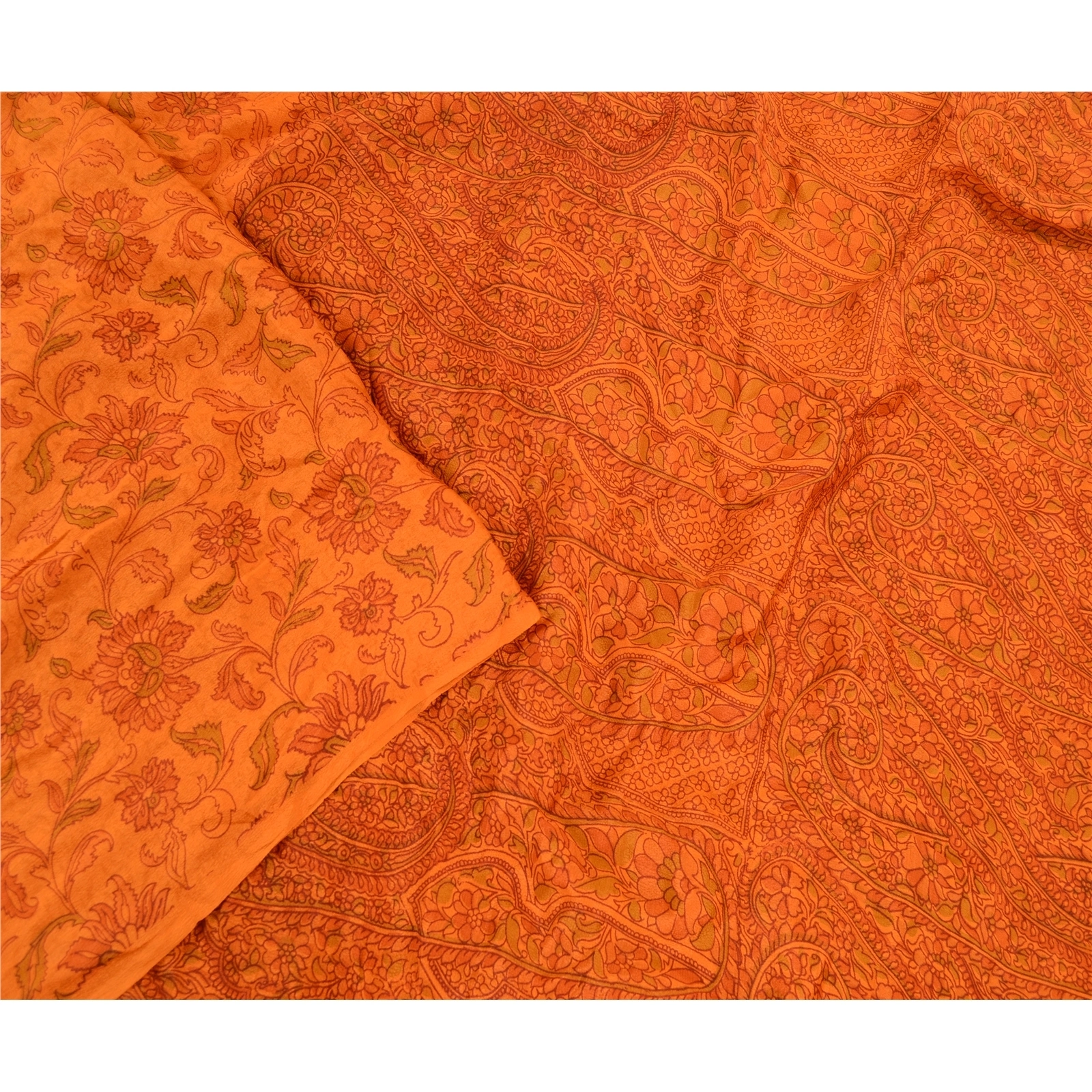 Sanskriti Vintage Indian Saffron Sarees Pure Silk Printed Sari 5Yd Craft Fabric, PR-58279-Saffron-Printed Floral Design-Pure Silk-3