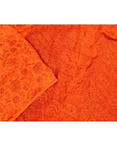 Sanskriti Vintage Indian Saffron Sarees Pure Silk Printed Sari 5Yd Craft Fabric, PR-58279-Saffron-Printed Floral Design-Pure Silk-3