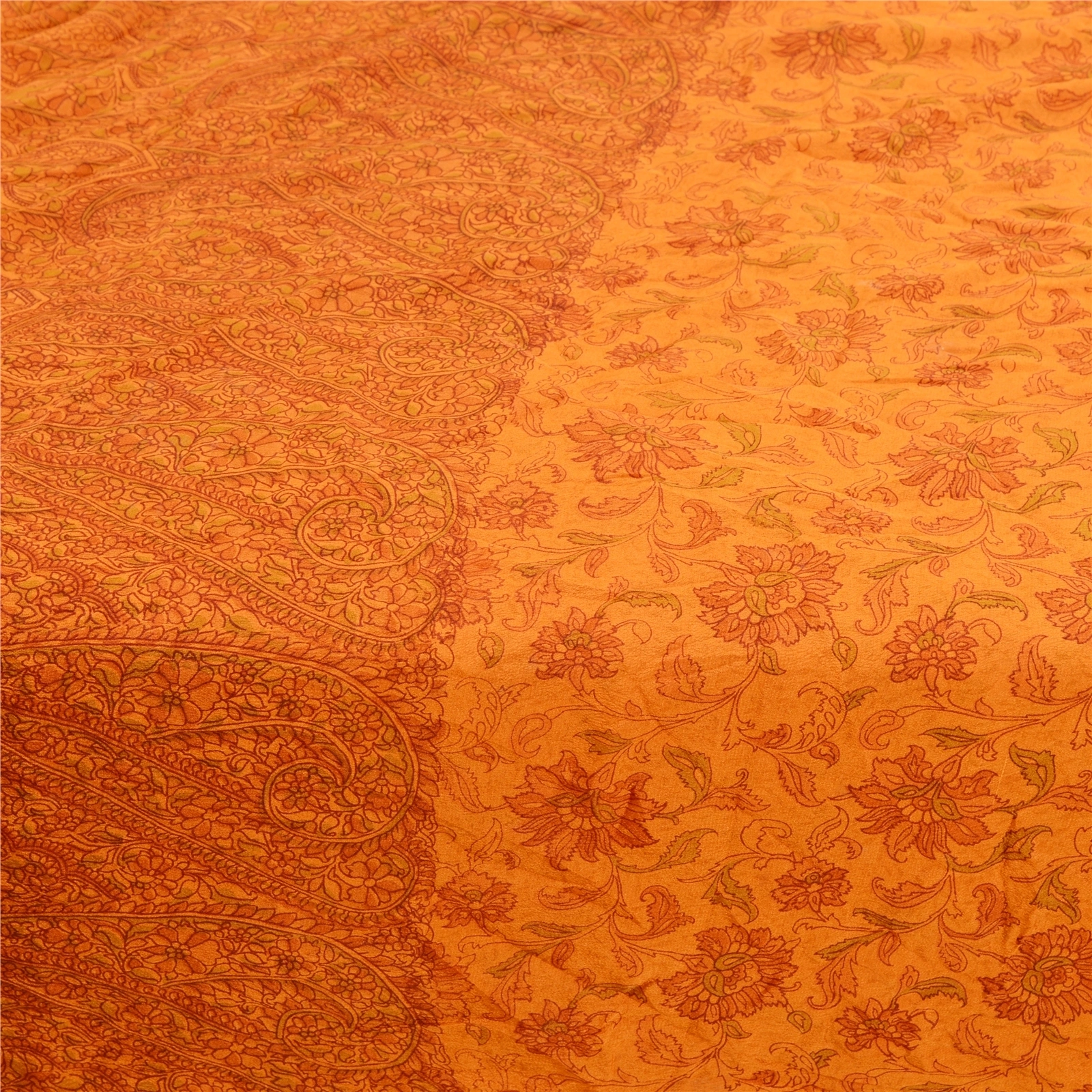 Sanskriti Vintage Indian Saffron Sarees Pure Silk Printed Sari 5Yd Craft Fabric, PR-58279-Saffron-Printed Floral Design-Pure Silk-4