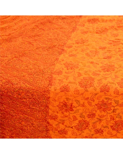 Sanskriti Vintage Indian Saffron Sarees Pure Silk Printed Sari 5Yd Craft Fabric, PR-58279-Saffron-Printed Floral Design-Pure Silk-4