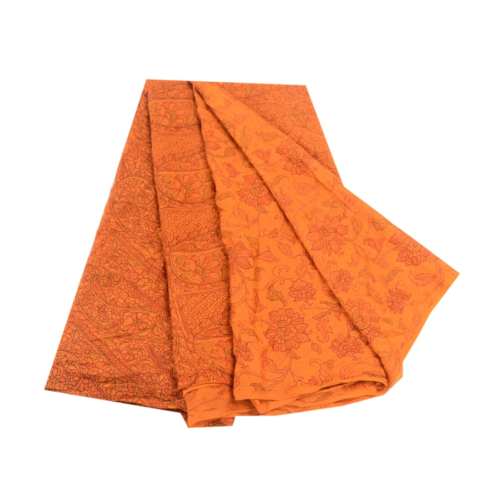 Sanskriti Vintage Indian Saffron Sarees Pure Silk Printed Sari 5Yd Craft Fabric, PR-58279-Saffron-Printed Floral Design-Pure Silk-7