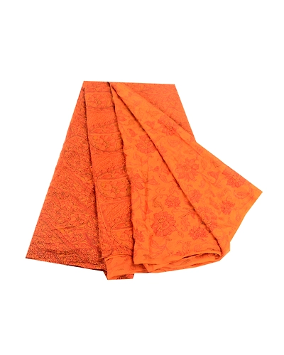Sanskriti Vintage Indian Saffron Sarees Pure Silk Printed Sari 5Yd Craft Fabric, PR-58279-Saffron-Printed Floral Design-Pure Silk-7