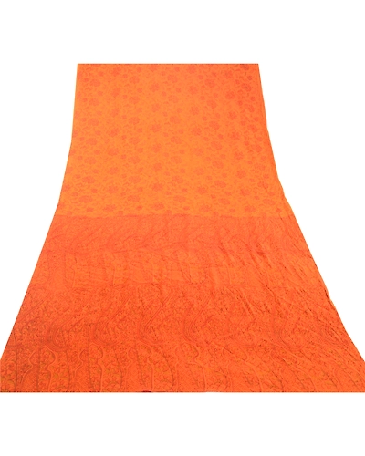 Sanskriti Vintage Indian Saffron Sarees Pure Silk Printed Sari 5Yd Craft Fabric, PR-58279-Saffron-Printed Floral Design-Pure Silk-8