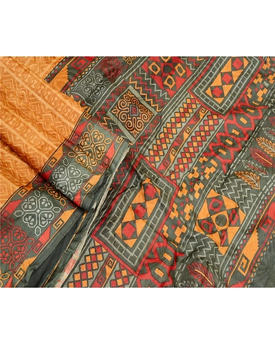 Sanskriti Vintage Brown Sarees 100% Pure Silk Printed Sari 5Yd Soft Craft Fabric, PR-58287-Brown-Printed Floral Design-Pure Silk-1