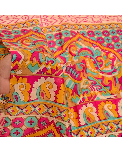 Sanskriti Vintage Hot Pink Sarees Indian Pure Silk Printed Sari 5Yd Craft Fabric, PR-58290-Pink-Printed Floral Design-Pure Silk-5