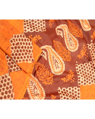 Sanskriti Vintage Saffron Batik Sarees Pure Silk Printed Sari Soft Craft Fabric, PR-58292-Saffron-Printed Floral Design-Pure Silk-2