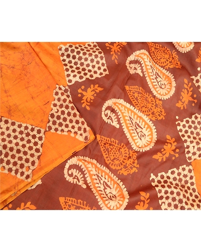 Sanskriti Vintage Saffron Batik Sarees Pure Silk Printed Sari Soft Craft Fabric, PR-58292-Saffron-Printed Floral Design-Pure Silk-3