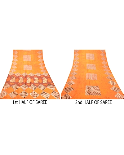 Sanskriti Vintage Saffron Batik Sarees Pure Silk Printed Sari Soft Craft Fabric, PR-58292-Saffron-Printed Floral Design-Pure Silk-5