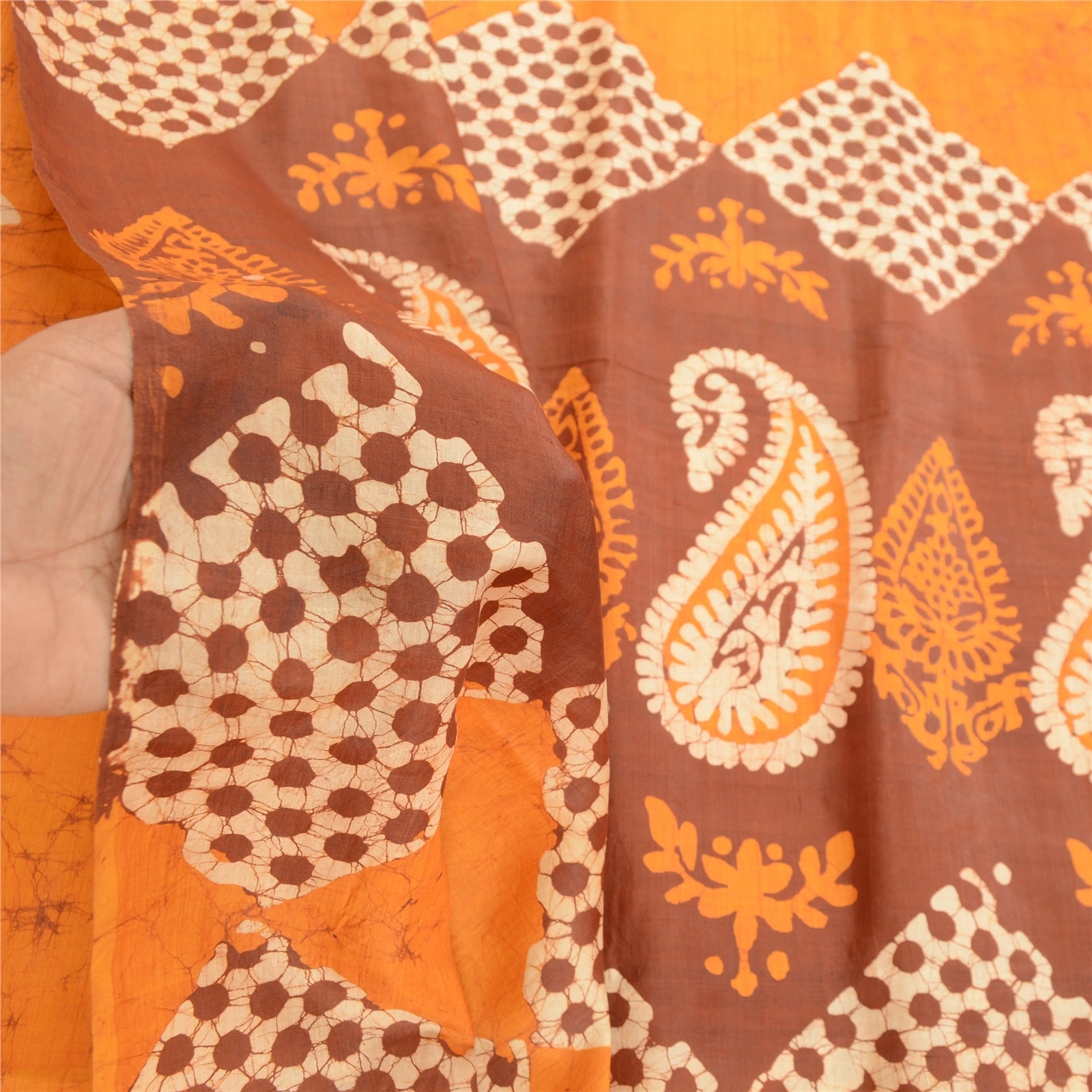 Sanskriti Vintage Saffron Batik Sarees Pure Silk Printed Sari Soft Craft Fabric, PR-58292-Saffron-Printed Floral Design-Pure Silk-6