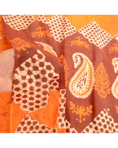 Sanskriti Vintage Saffron Batik Sarees Pure Silk Printed Sari Soft Craft Fabric, PR-58292-Saffron-Printed Floral Design-Pure Silk-6