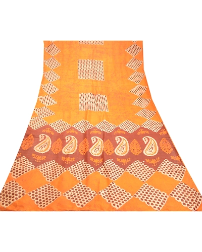 Sanskriti Vintage Saffron Batik Sarees Pure Silk Printed Sari Soft Craft Fabric, PR-58292-Saffron-Printed Floral Design-Pure Silk-8